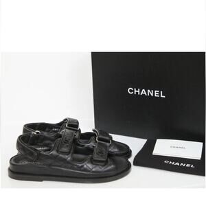 CHANEL Black CC Logo Mule Slide Strap Flat Teva Dad Sandal Shoes sz 9 / 39.5
